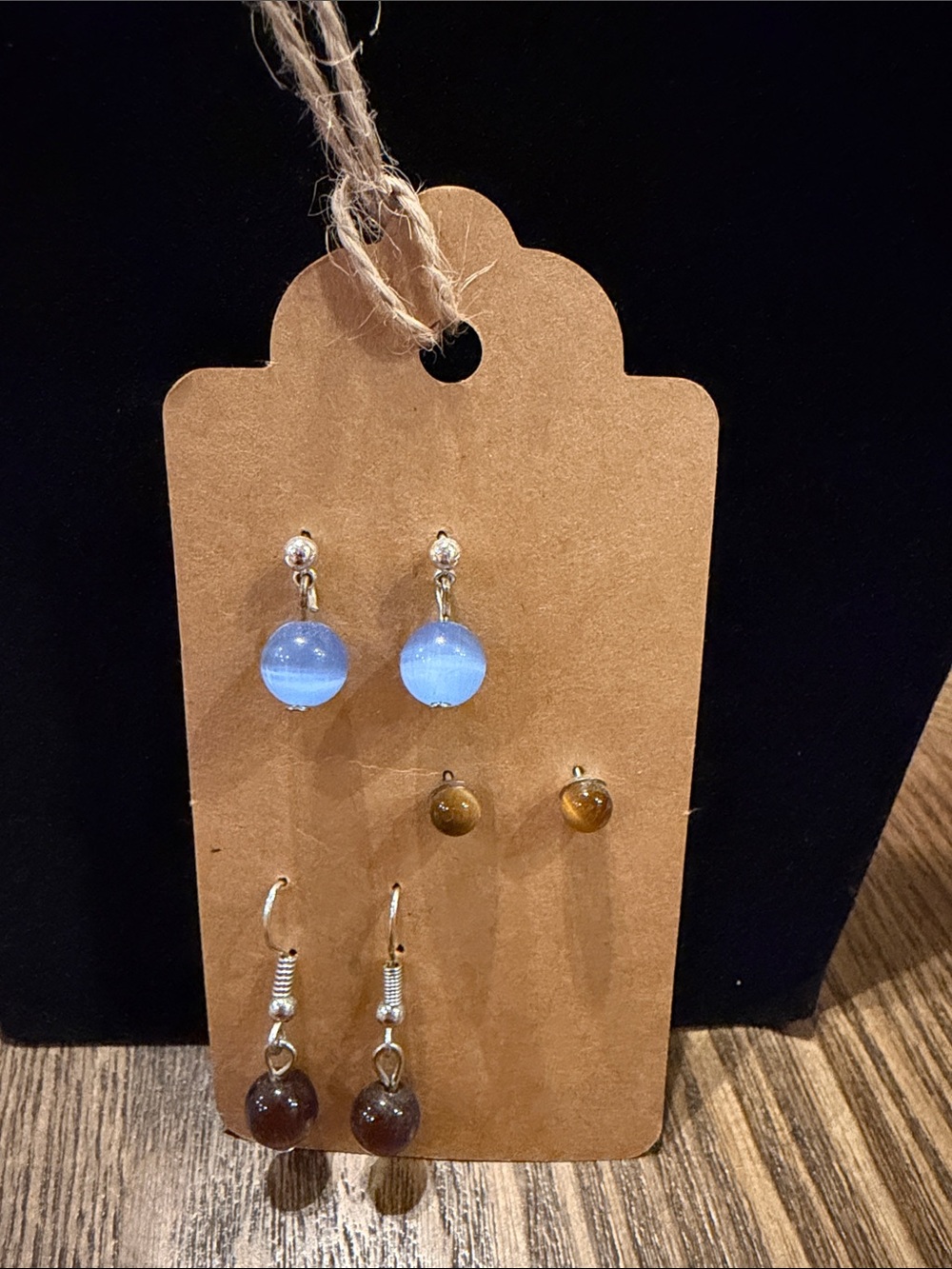 Hand Crafted Three-Pair Earring Set — Light Blue, Amber, Brown - Picture 1 of 3